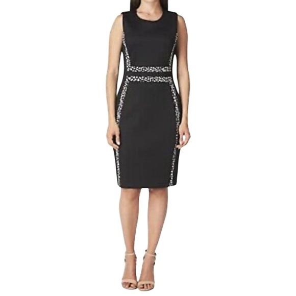 Calvin Klein NWT Sleeveless Ponte ColorBlock Sheath Dress Black White Animal 8 - Picture 1 of 12